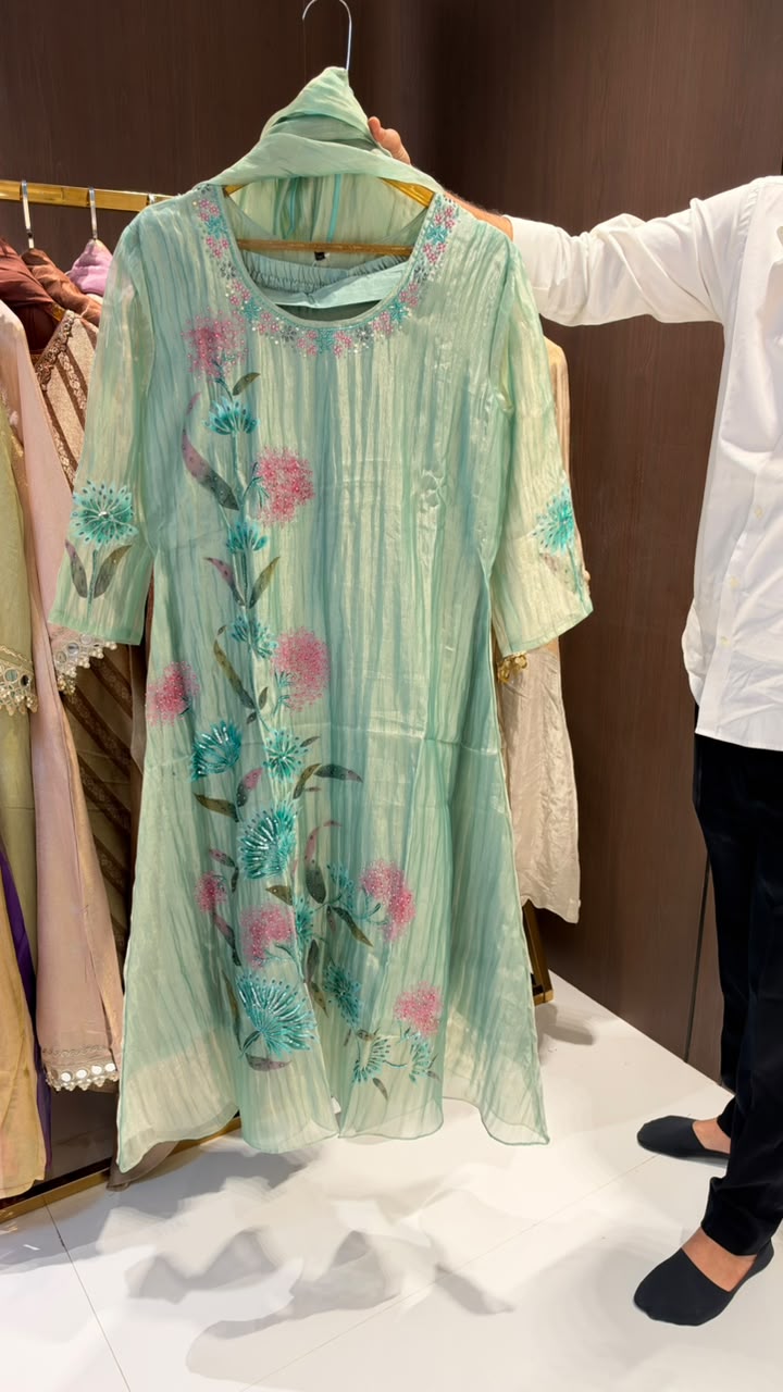 Elegant Floral Print With Beads Boota Motifs Crush Tissue A-Line Full Suit Set With Dupatta-