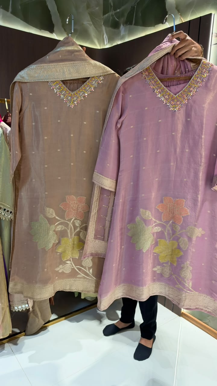 Floral Patch Embroidery Minimal Neckline Tissue A-Line Full Suit Set With Dupatta- 14000