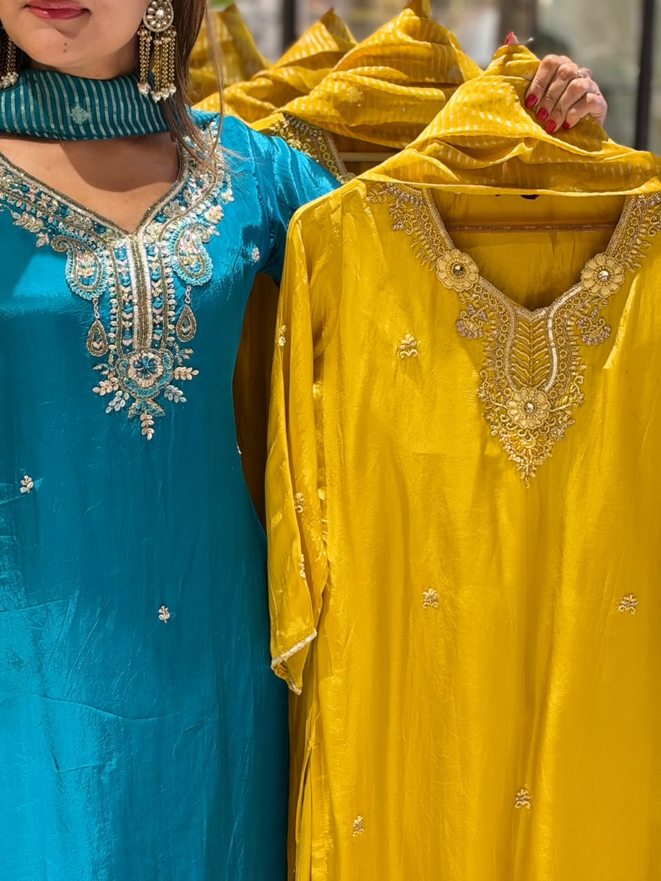 Graceful Mustard Handcrafted Embroidered Neckline Ho Silk Full Suit Set With Dupatta- 16458