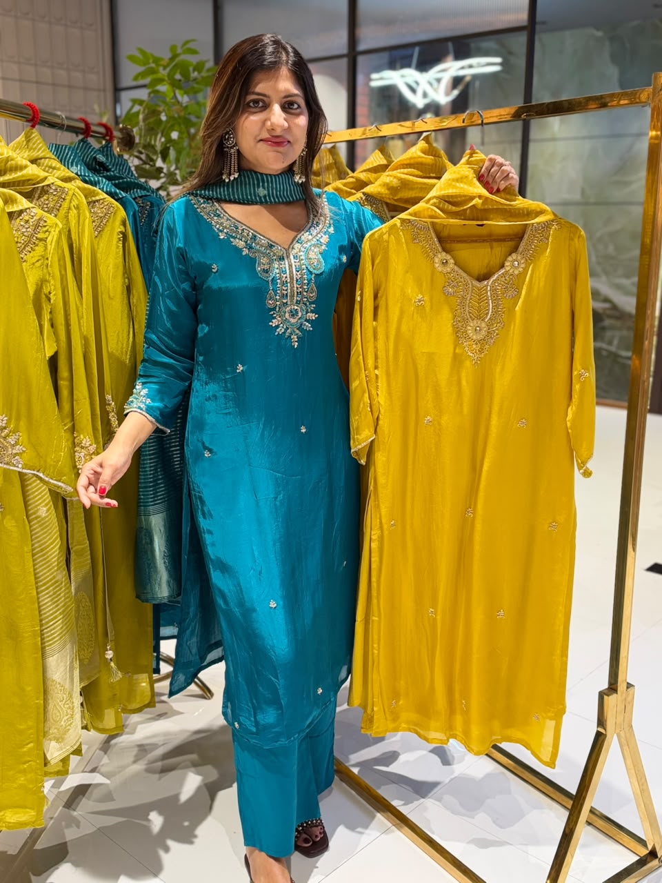 Graceful Mustard Handcrafted Embroidered Neckline Ho Silk Full Suit Set With Dupatta- 16458