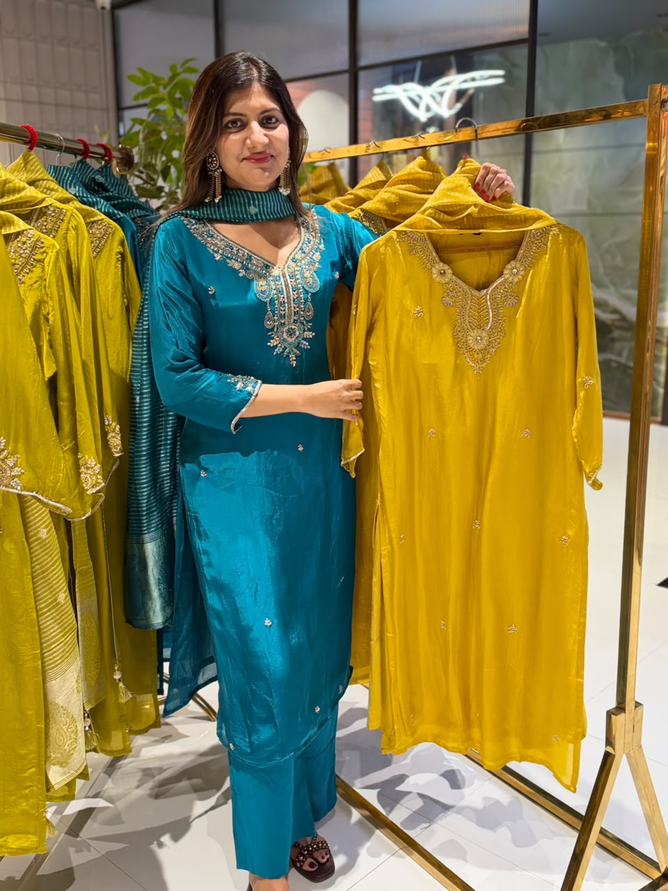Graceful Mustard Handcrafted Embroidered Neckline Ho Silk Full Suit Set With Dupatta- 16458