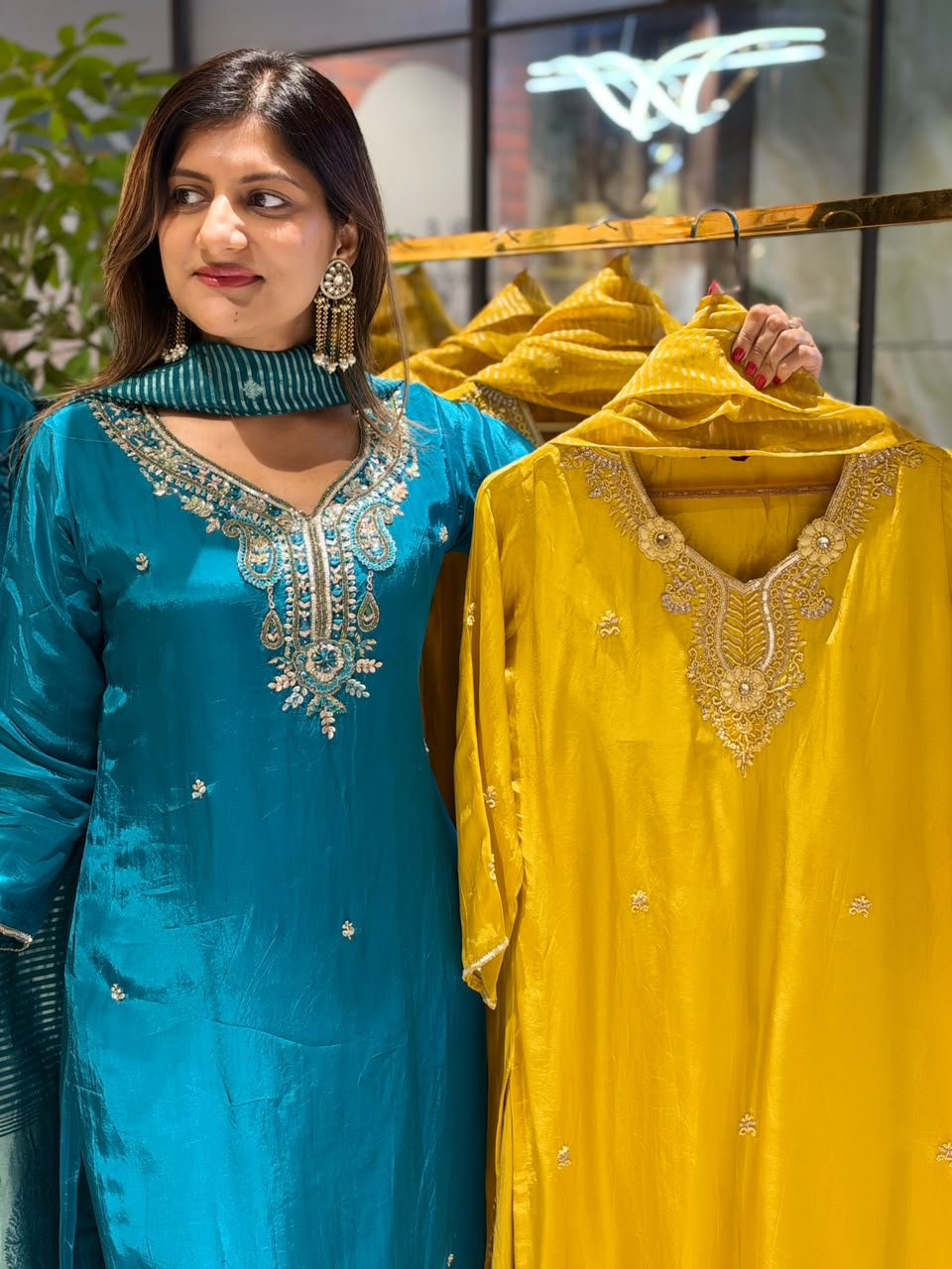 Graceful Mustard Handcrafted Embroidered Neckline Ho Silk Full Suit Set With Dupatta- 16458