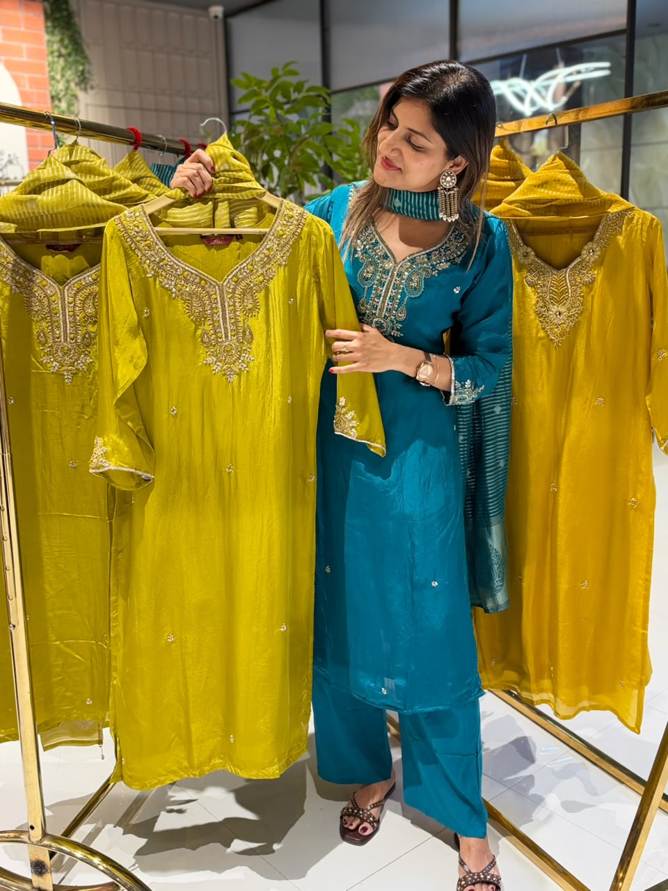 Chartreuse Festive Handcrafted Ho Silk Solid Matching Full Suit Set With Striped Dupatta- 16453