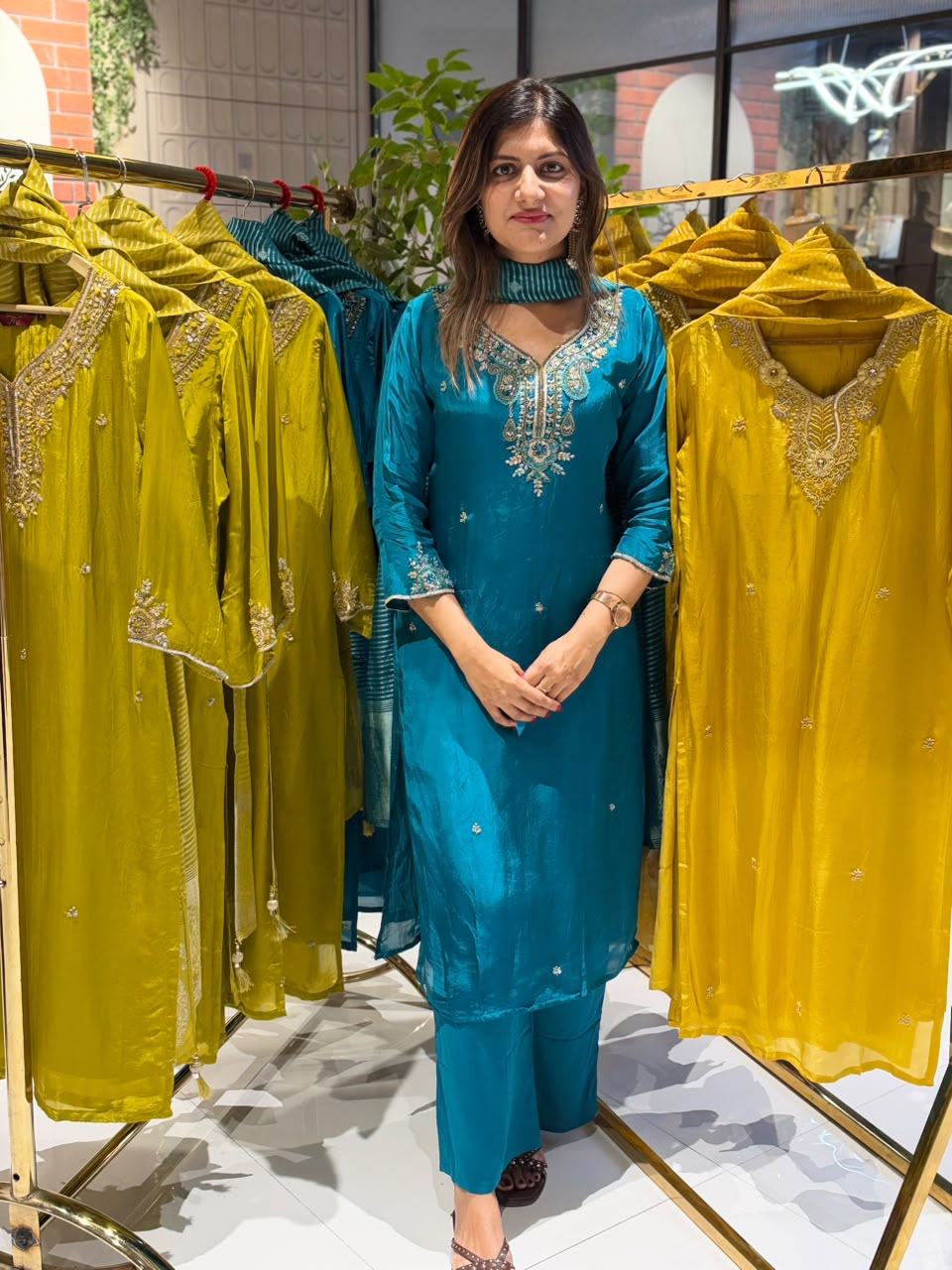 Chartreuse Festive Handcrafted Ho Silk Solid Matching Full Suit Set With Striped Dupatta- 16453