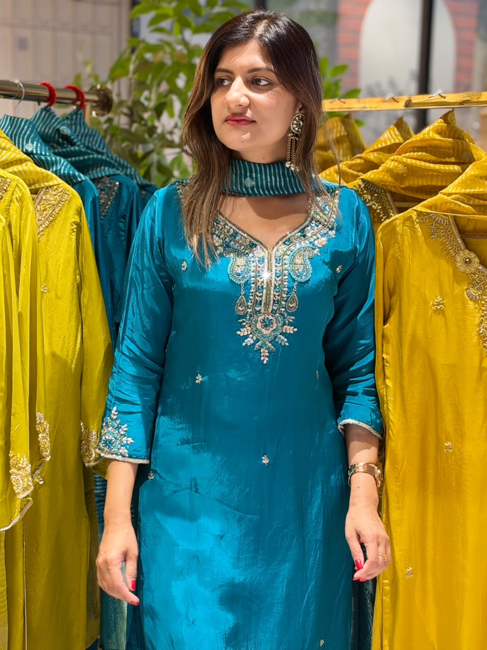 Chartreuse Festive Handcrafted Ho Silk Solid Matching Full Suit Set With Striped Dupatta- 16453