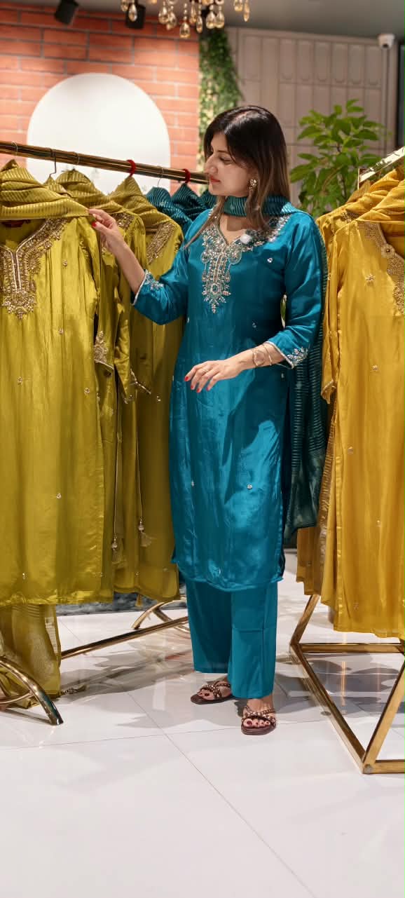 Chartreuse Festive Handcrafted Ho Silk Solid Matching Full Suit Set With Striped Dupatta- 16453