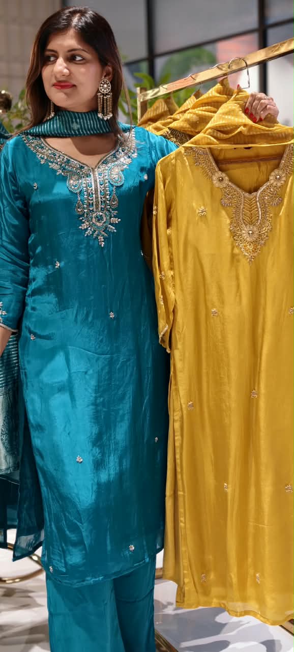 Graceful Mustard Handcrafted Embroidered Neckline Ho Silk Full Suit Set With Dupatta- 16458