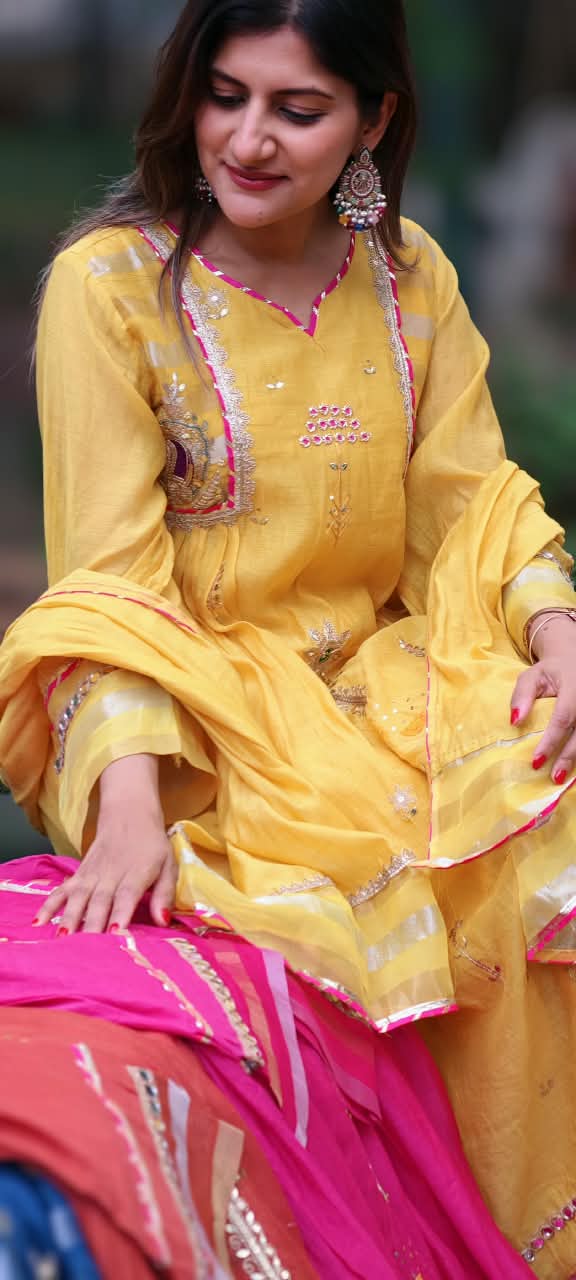 Real Mirror Heavy Embellished Work Beautiful Shades A-Line Mul-Chanderi Full Suit With Dupatta- 16485