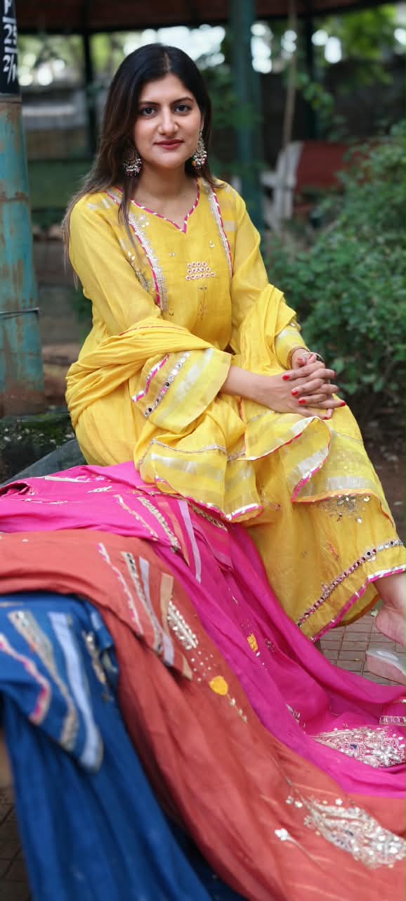 Real Mirror Heavy Embellished Work Beautiful Shades A-Line Mul-Chanderi Full Suit With Dupatta- 16485