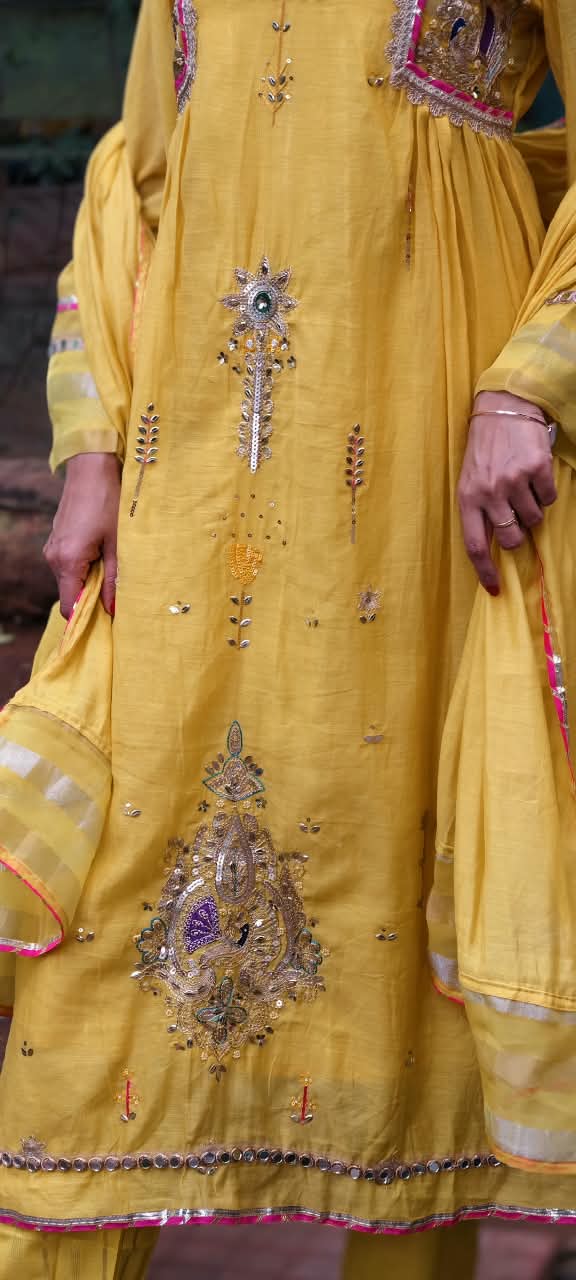 Real Mirror Heavy Embellished Work Beautiful Shades A-Line Mul-Chanderi Full Suit With Dupatta- 16485