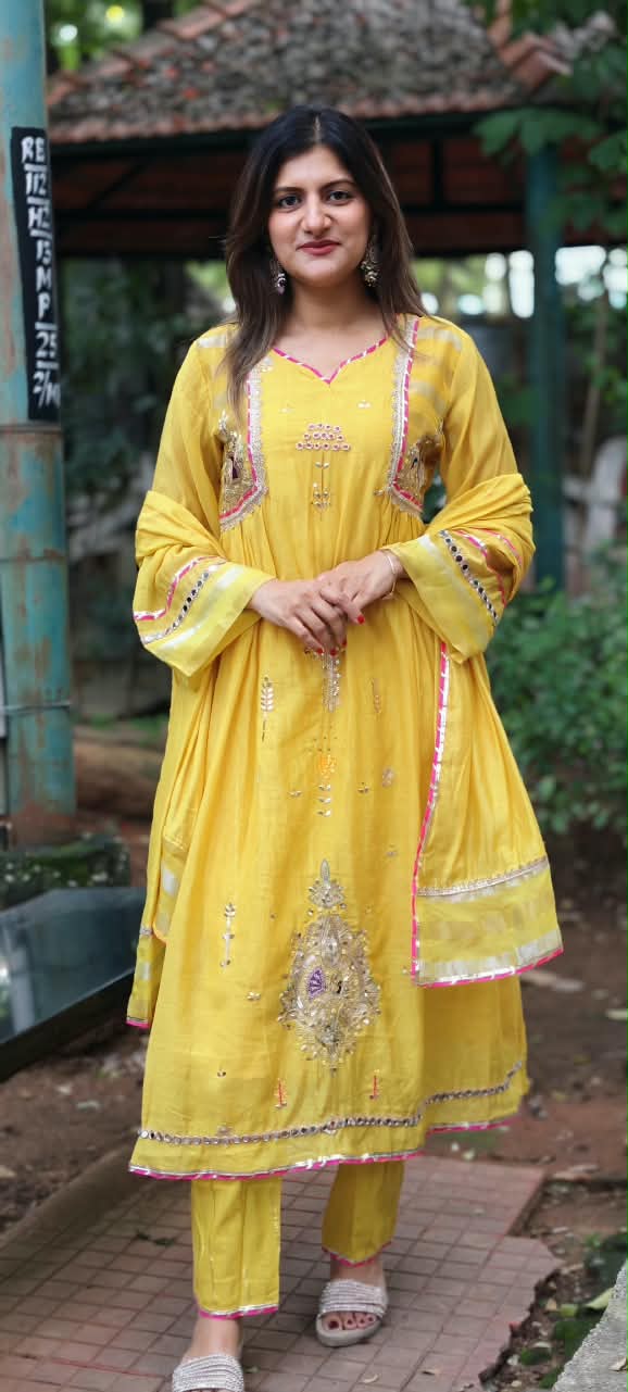 Real Mirror Heavy Embellished Work Beautiful Shades A-Line Mul-Chanderi Full Suit With Dupatta- 16485