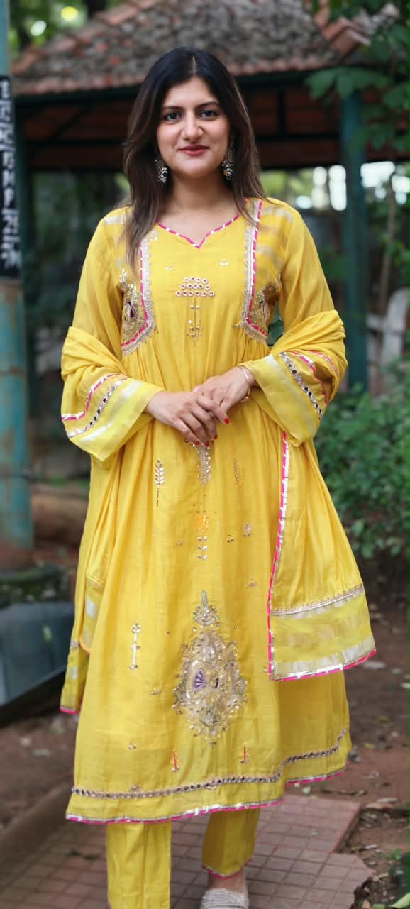 Real Mirror Heavy Embellished Work Beautiful Shades A-Line Mul-Chanderi Full Suit With Dupatta- 16485
