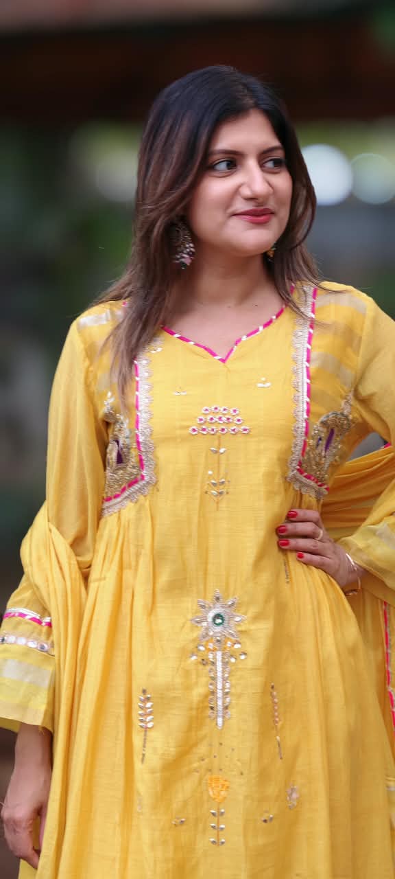 Real Mirror Heavy Embellished Work Beautiful Shades A-Line Mul-Chanderi Full Suit With Dupatta- 16485