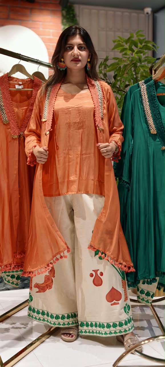 Boho Crosia Coin Dangle Accented Kurta With Printed Bottom & Matching Outer Jacket- 16438