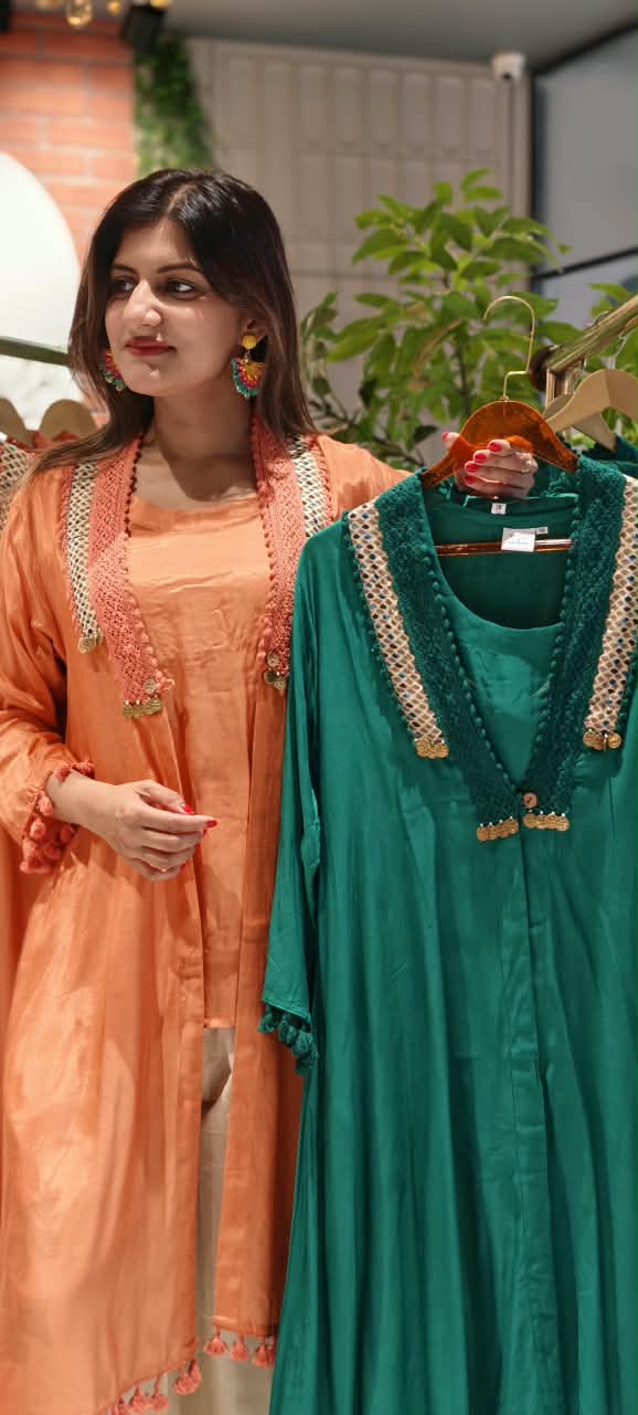 Boho Crosia Coin Dangle Accented Kurta With Printed Bottom & Matching Outer Jacket- 16438