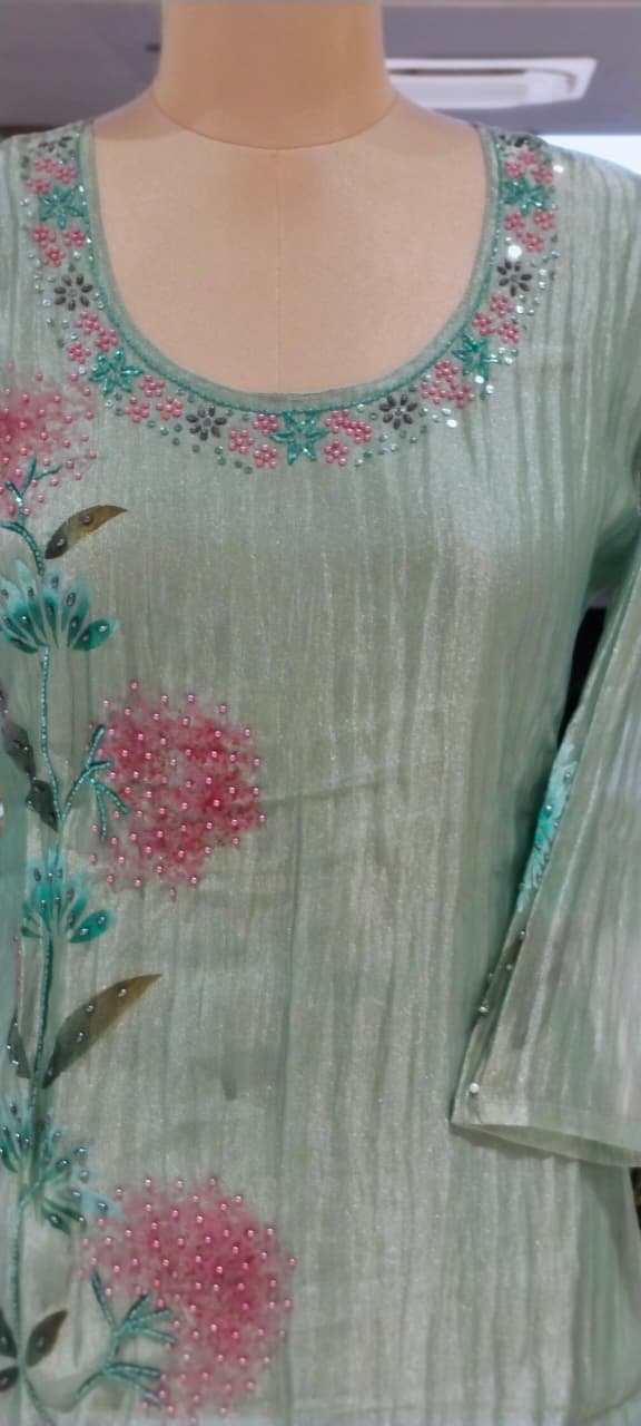 Elegant Floral Print With Beads Boota Motifs Crush Tissue A-Line Full Suit Set With Dupatta-
