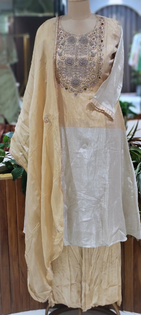 Premium Tissue Dabka Embroidered Yoke Metallic Dual Tone A-Line Full Suit Set With Dupatta- 10700