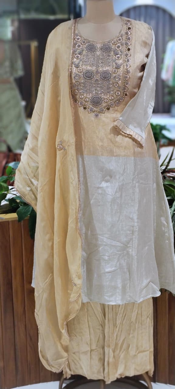 Premium Tissue Dabka Embroidered Yoke Metallic Dual Tone A-Line Full Suit Set With Dupatta- 10700