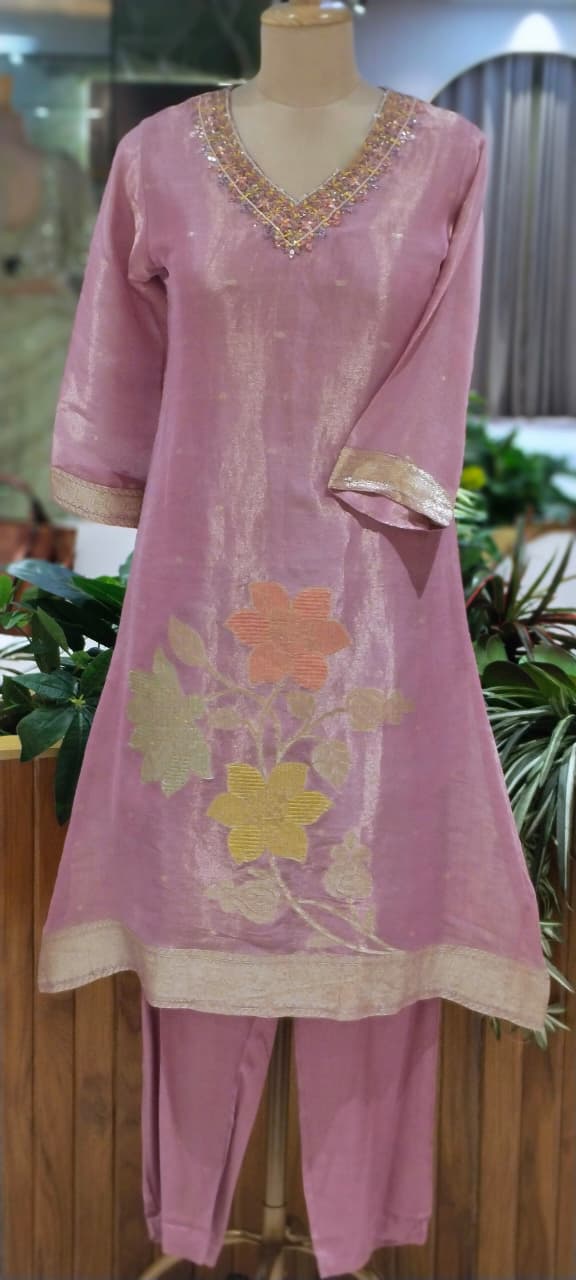 Floral Patch Embroidery Minimal Neckline Tissue A-Line Full Suit Set With Dupatta- 14000
