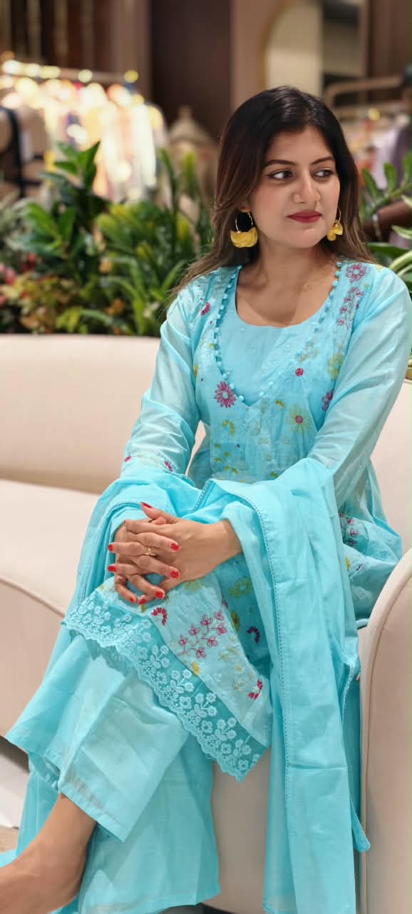 Pastel Hue Embroidered Bustier With A-Line Outer Full Suit Set Matching Bottom In Surat Mul-Chanderi Fabric- 16491