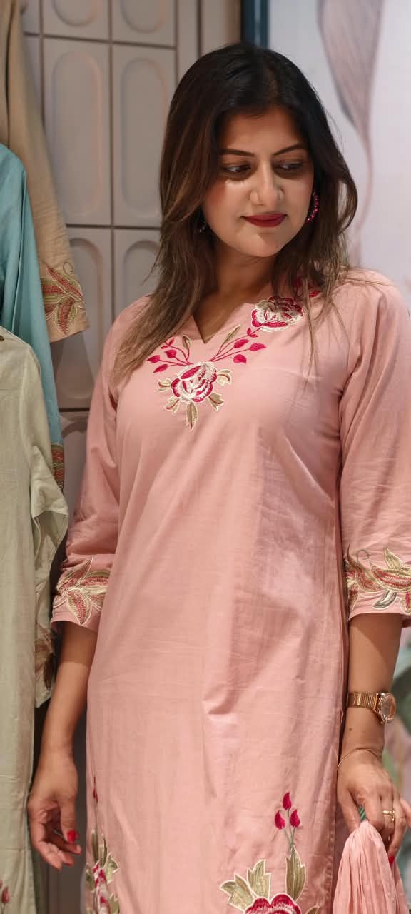 Rosy Leaf Vine Thread Embroidered Soft Cotton Formal Full Suit Set With Dupatta- 16343