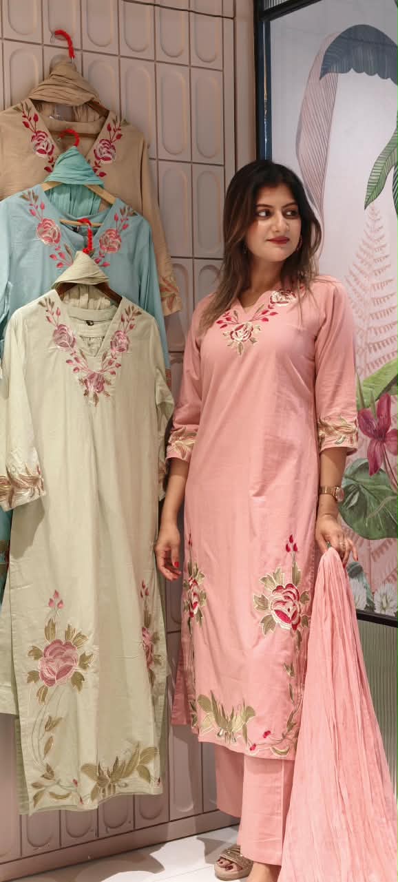 Rosy Leaf Vine Thread Embroidered Soft Cotton Formal Full Suit Set With Dupatta- 16343
