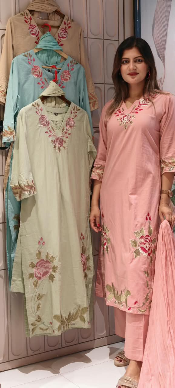 Rosy Leaf Vine Thread Embroidered Soft Cotton Formal Full Suit Set With Dupatta- 16343