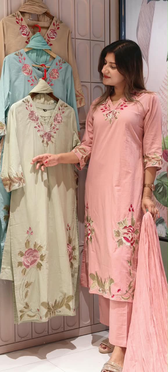 Rosy Leaf Vine Thread Embroidered Soft Cotton Formal Full Suit Set With Dupatta- 16343