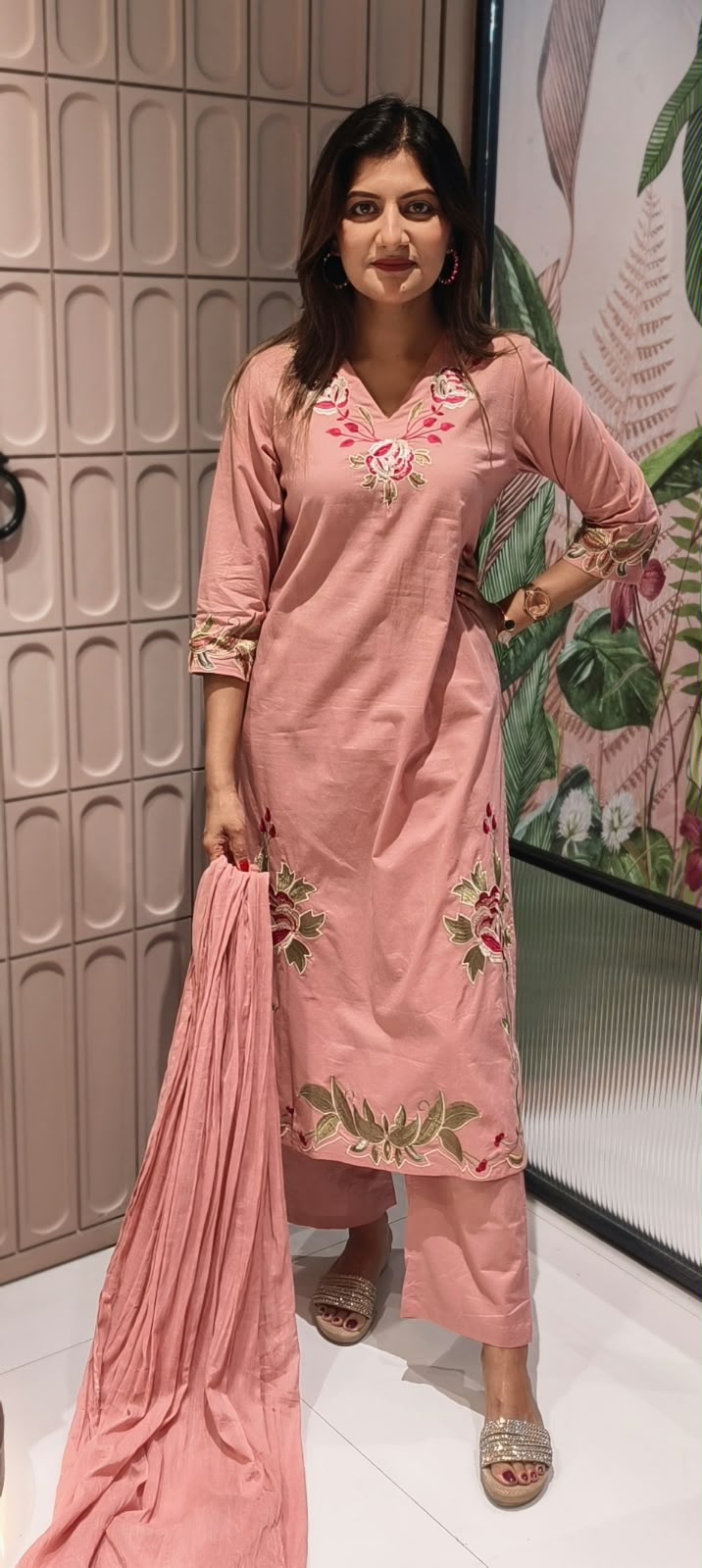Rosy Leaf Vine Thread Embroidered Soft Cotton Formal Full Suit Set With Dupatta- 16343