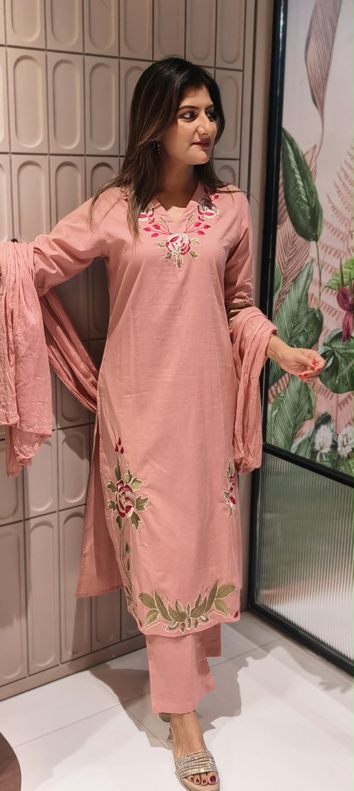 Rosy Leaf Vine Thread Embroidered Soft Cotton Formal Full Suit Set With Dupatta- 16343