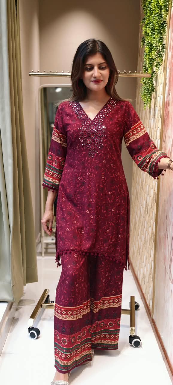 Bohmeian Real Mirror Touch Neckline Tiny Floral Printed Slub Cotton Kurta Pant Set- 16389