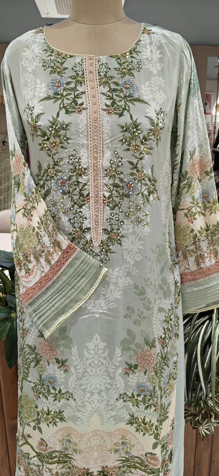 Aqua Blue & Sage Green Floral Printed & Embroidered Pleated Pakistani Style Crepe Full Suit Set With Dupatta- 16504