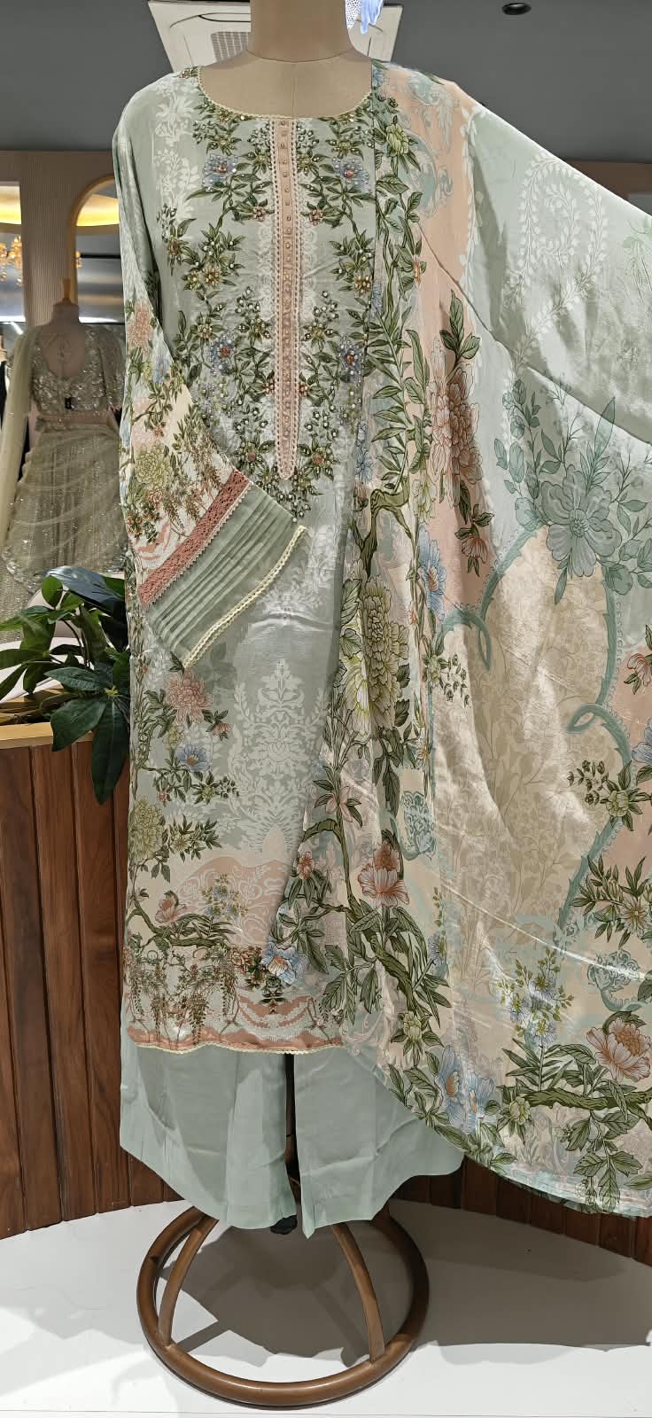 Aqua Blue & Sage Green Floral Printed & Embroidered Pleated Pakistani Style Crepe Full Suit Set With Dupatta- 16504