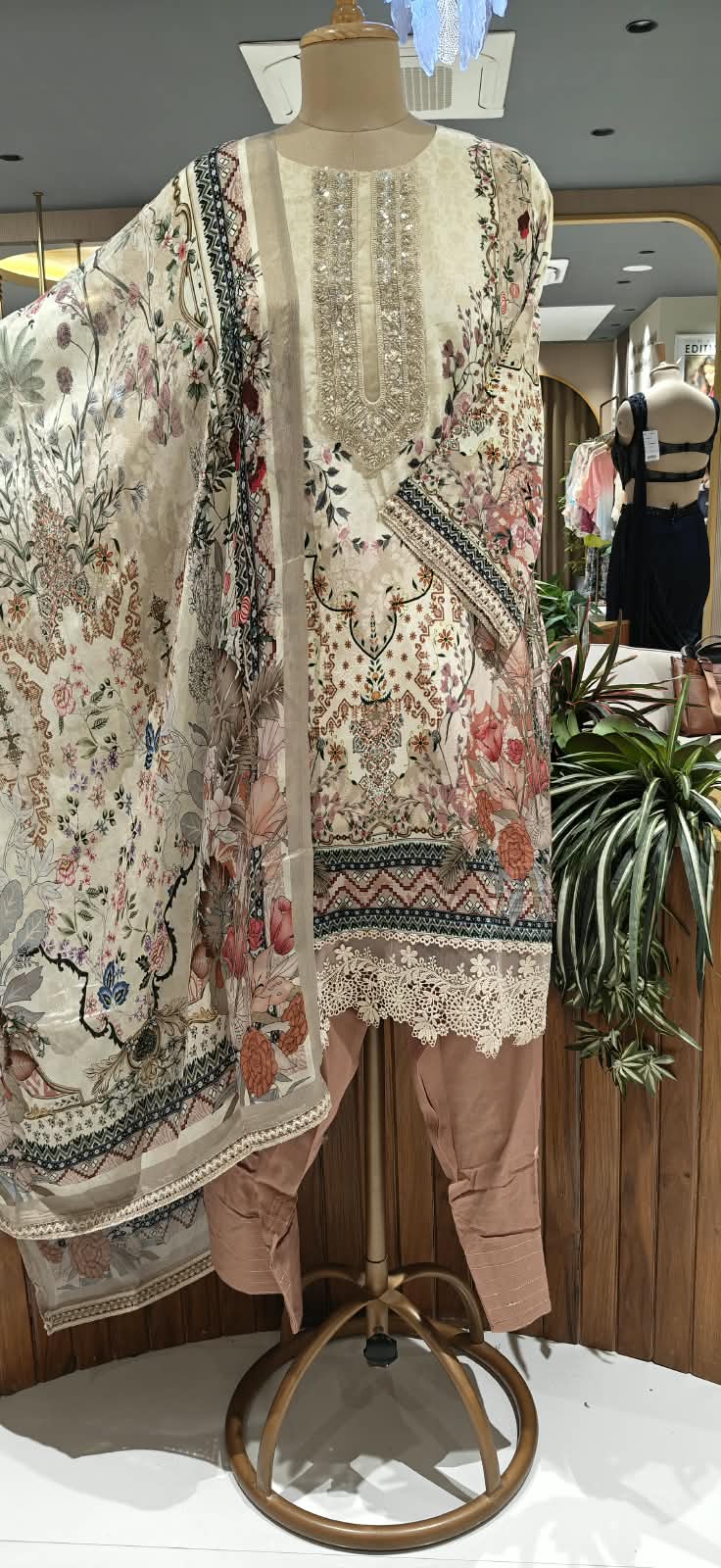 Off-White Floral Printed Heavily Embroidered Neckline & Lace Hem Crepe Pakistani Style Full Suit Set With Dupatta- 16501