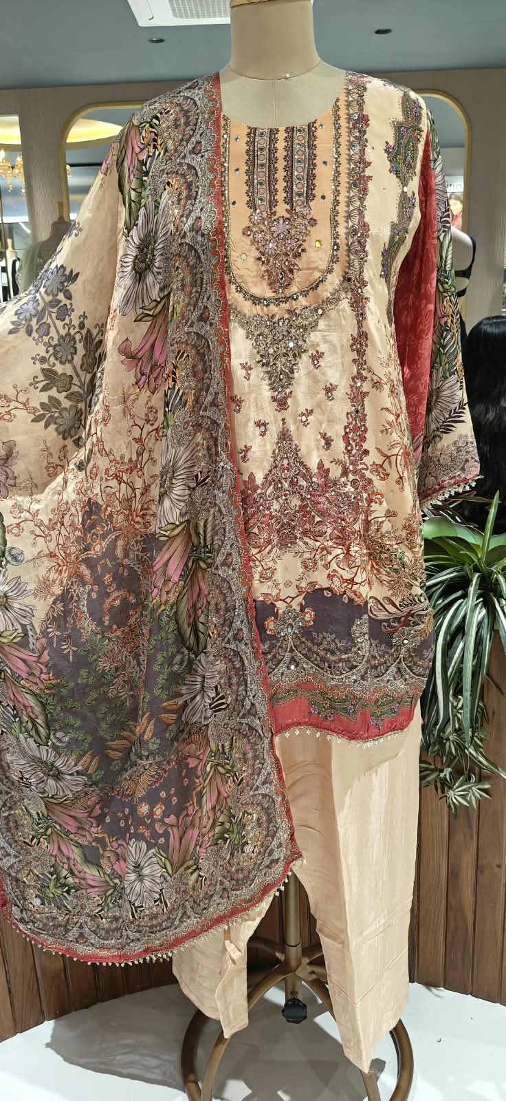 Beige & Peach Floral Printed Embroidered Crepe Pakistani Fit Full Suit Set With Farshi Bottom & Dupatta- 16502