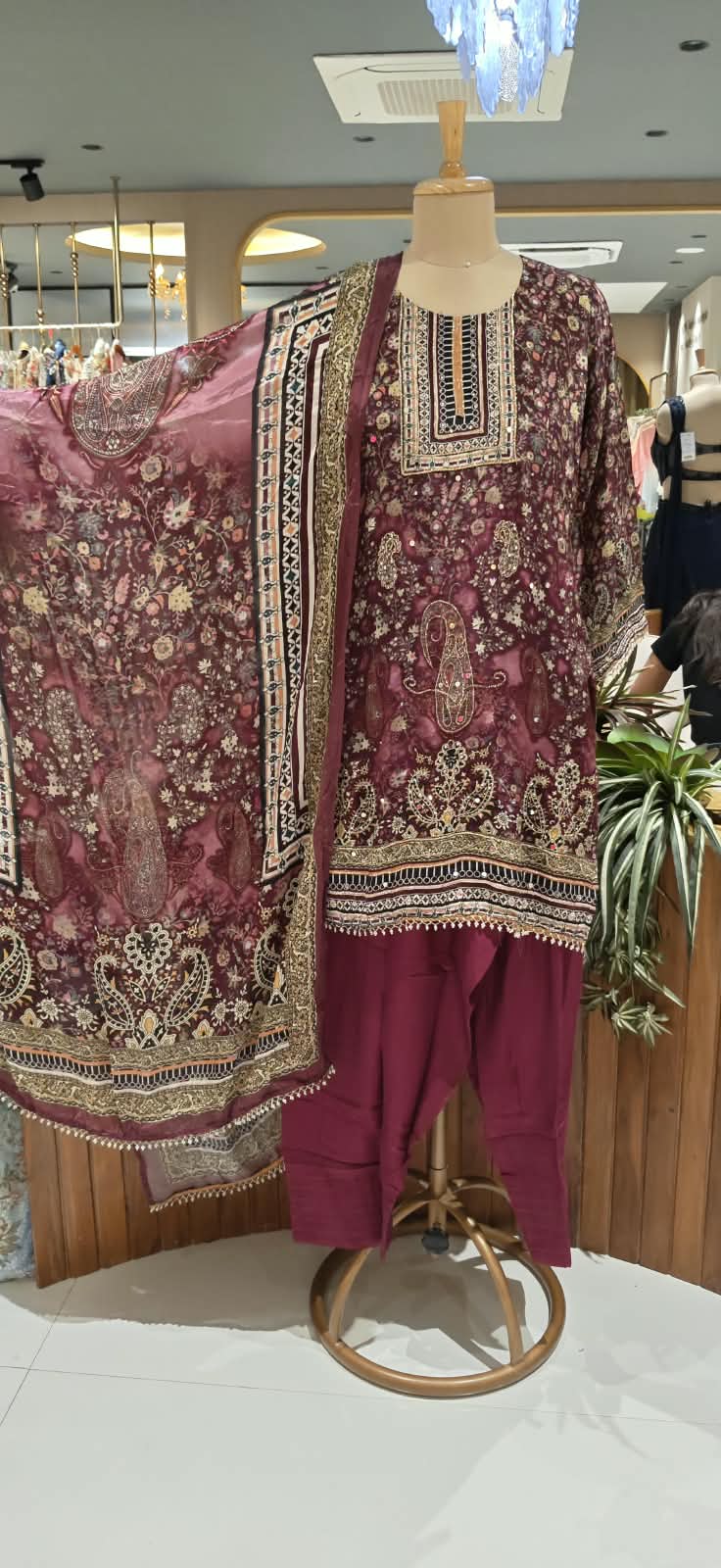 Deep Wine Floral & Paisley Print Pakistani Style Crepe Full Suit Set with Matching Dupatta & Farshi Bottom- 16500
