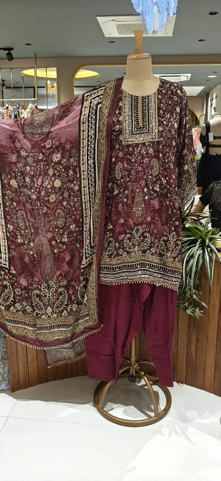 Deep Wine Floral & Paisley Print Pakistani Style Crepe Full Suit Set with Matching Dupatta & Farshi Bottom- 16500