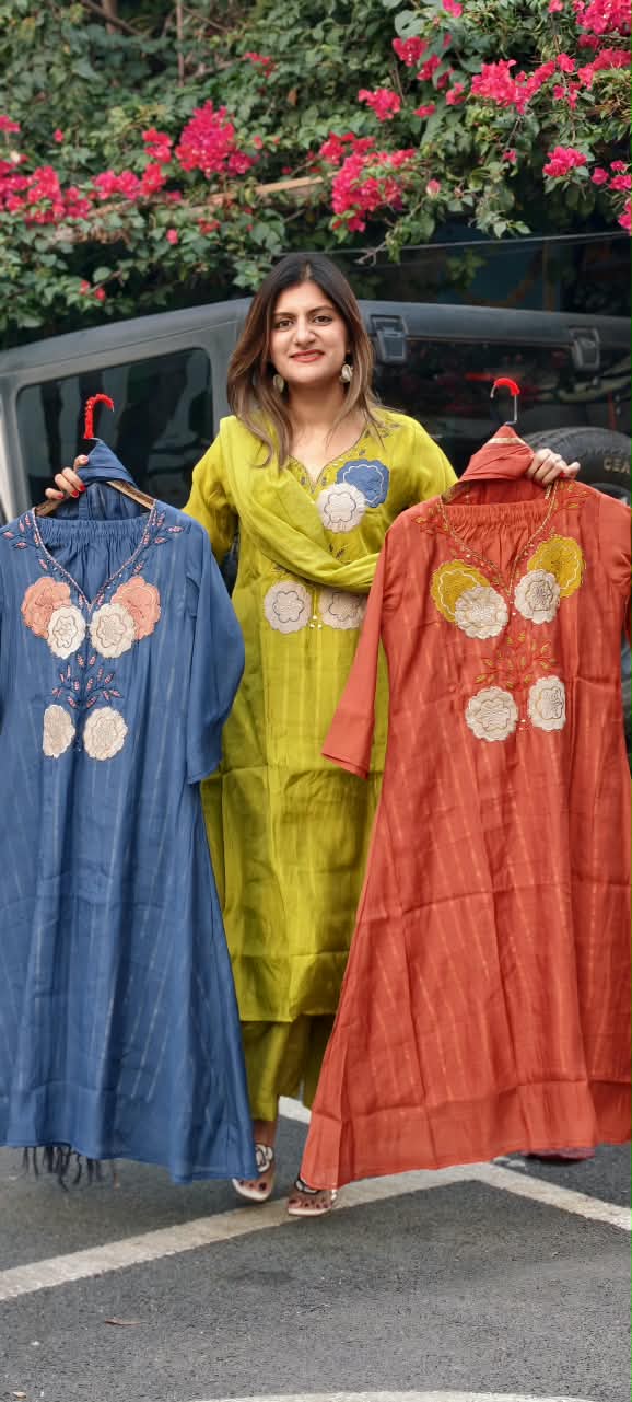 Floral Patch Embroidered Yoke Surat Mul-Chanderi A-Line Full Suit Set With Dupatta- 16508