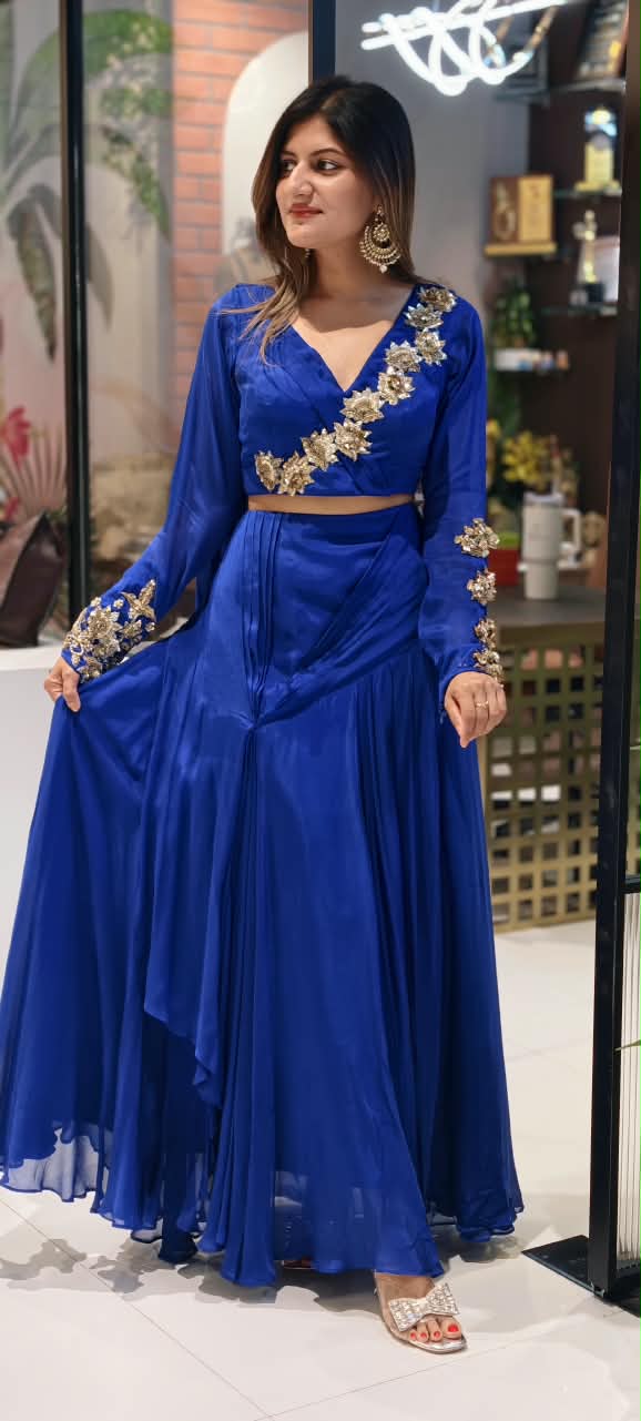 Stylish Golden Floral Popped Pleated Crop-Top With Flared Bottom Indo Wear- 15098