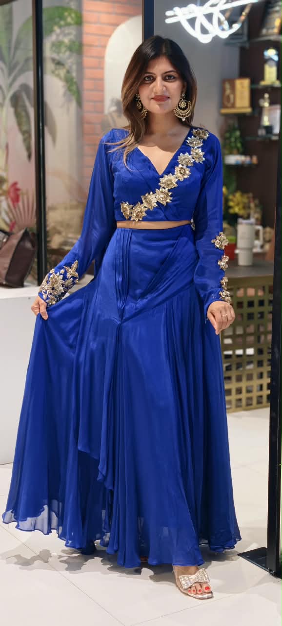 Stylish Golden Floral Popped Pleated Crop-Top With Flared Bottom Indo Wear- 15098