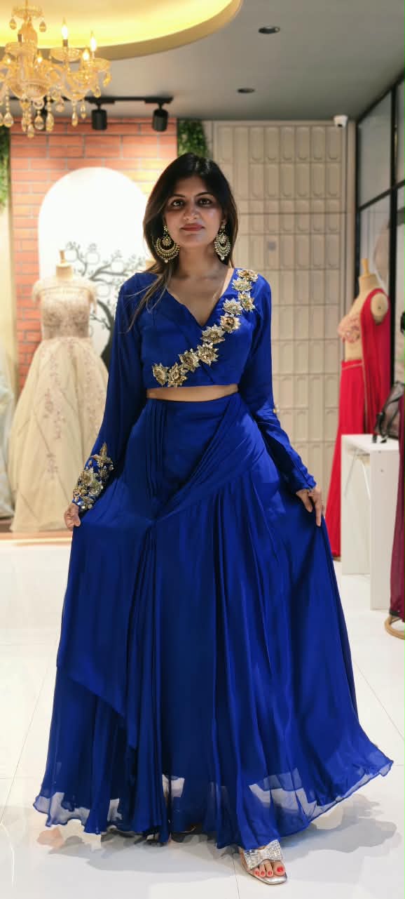Stylish Golden Floral Popped Pleated Crop-Top With Flared Bottom Indo Wear- 15098