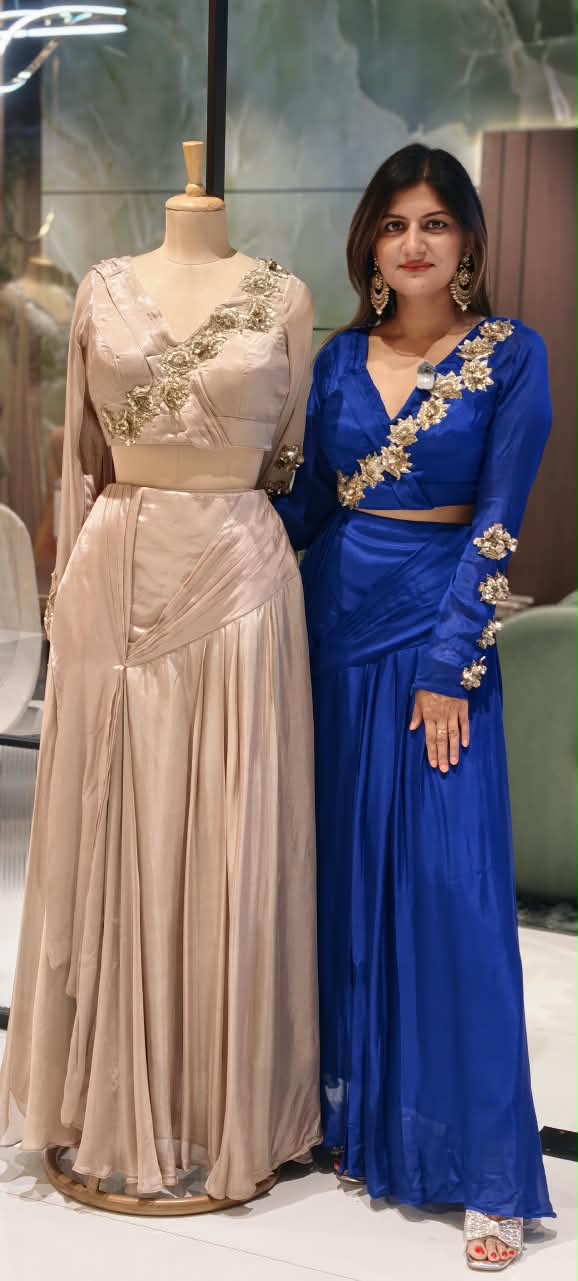 Stylish Golden Floral Popped Pleated Crop-Top With Flared Bottom Indo Wear- 15098