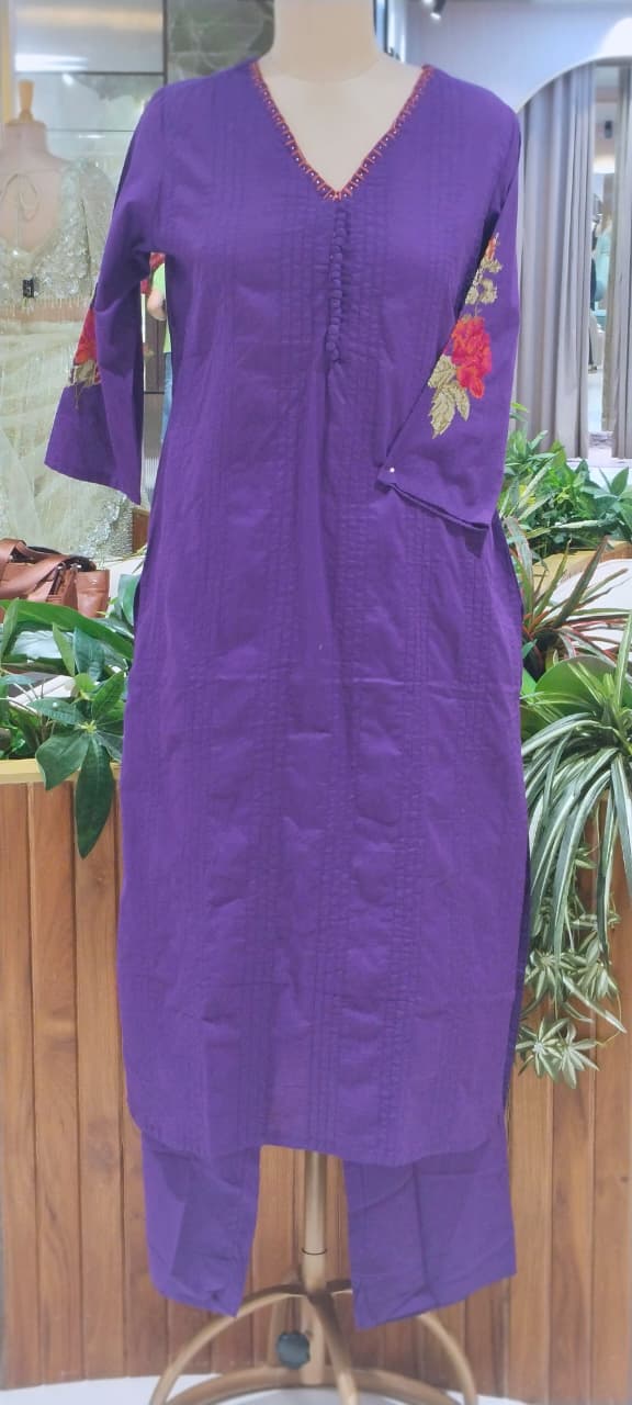 Crosia Work Over Sleeve Pleated Cotton Full Suit Set With Dupatta With Minimal Neckline- 16344