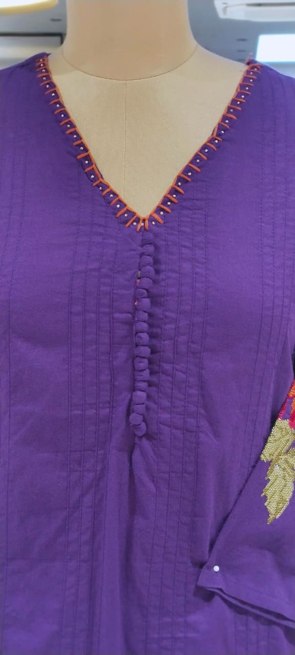 Crosia Work Over Sleeve Pleated Cotton Full Suit Set With Dupatta With Minimal Neckline- 16344