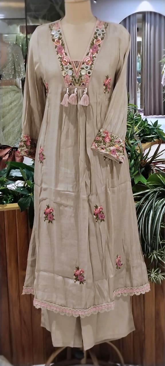 Floral Bouquet Chevron Embroidery Real Mirror Touch A-Line Surat Mul-Chanderi Full Suit Set With Dupatta- 15966