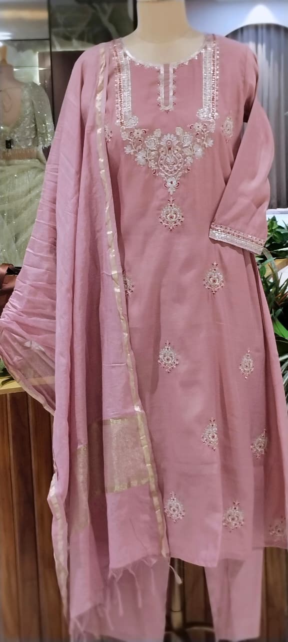 Pure Zarina Work Pastel Hue Surat Mul-Chanderi A-line Full Suit Set With Dupatta- 16408