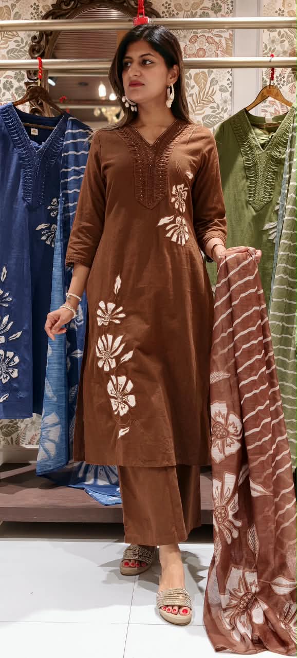 Pin Tuck Pleated Floral Patched Embroidery Straight Cotton Full Suit Set With Kota Doria Dupatta- 16266
