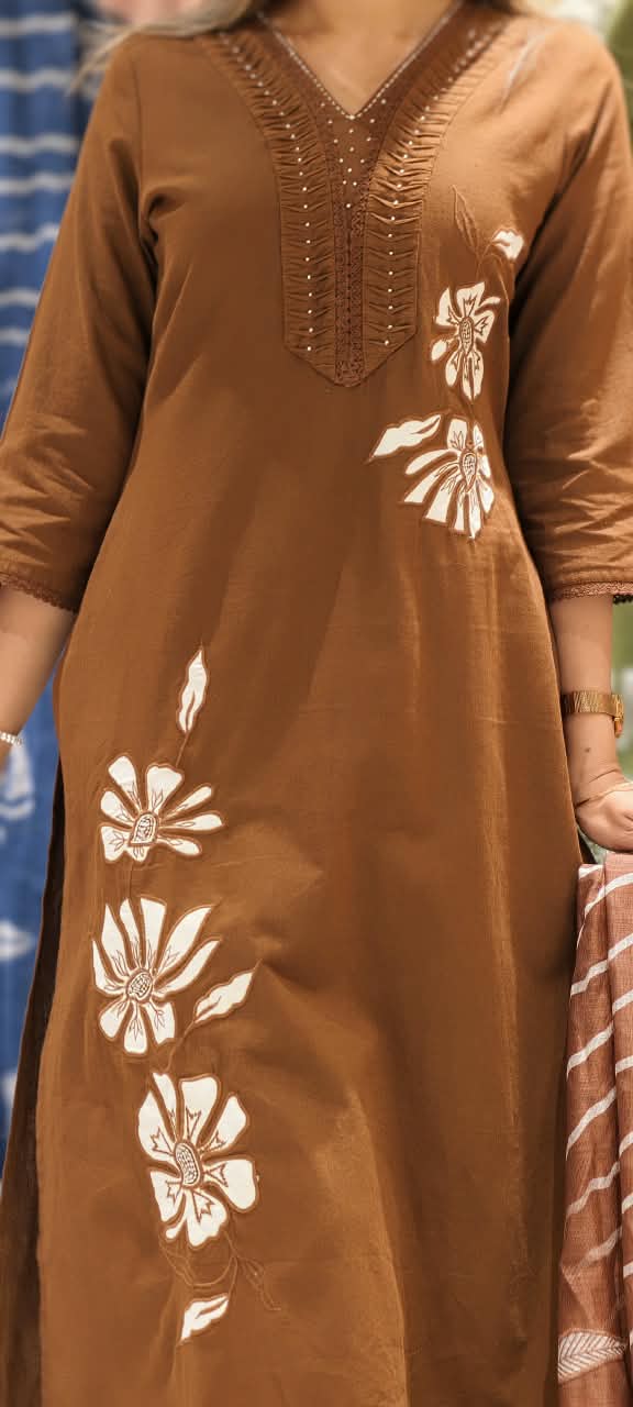 Pin Tuck Pleated Floral Patched Embroidery Straight Cotton Full Suit Set With Kota Doria Dupatta- 16266