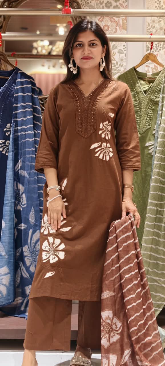 Pin Tuck Pleated Floral Patched Embroidery Straight Cotton Full Suit Set With Kota Doria Dupatta- 16266