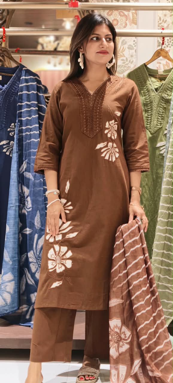 Pin Tuck Pleated Floral Patched Embroidery Straight Cotton Full Suit Set With Kota Doria Dupatta- 16266